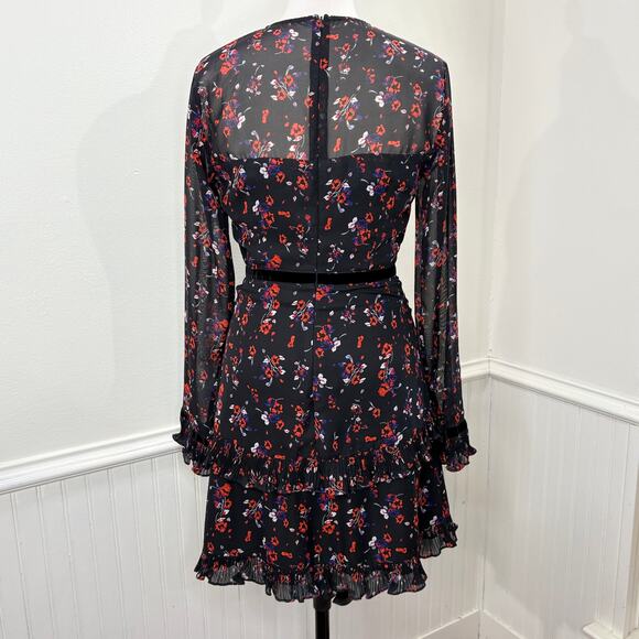 Lulus S Mini Dress Black Long Sleeve Floral Chiffon Ruffle Pleat Sheer Cottage - Picture 3 of 14